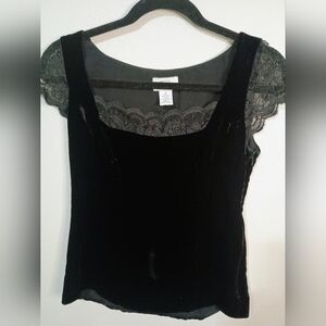 LOFT Black Velvet Top with Lace Sleeves